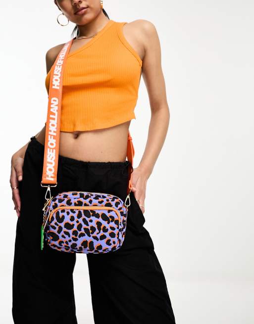 House of Holland - Borsa viola con stampa leopardata e tracolla arancione