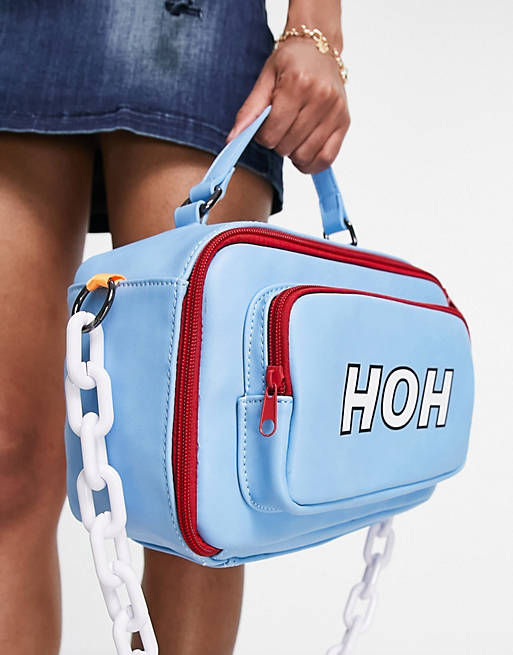 House of Holland cross body bag with front pocket and chain detail in light blue