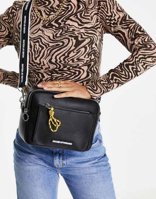 House of Holland cross body camera bag with contrast logo strap in