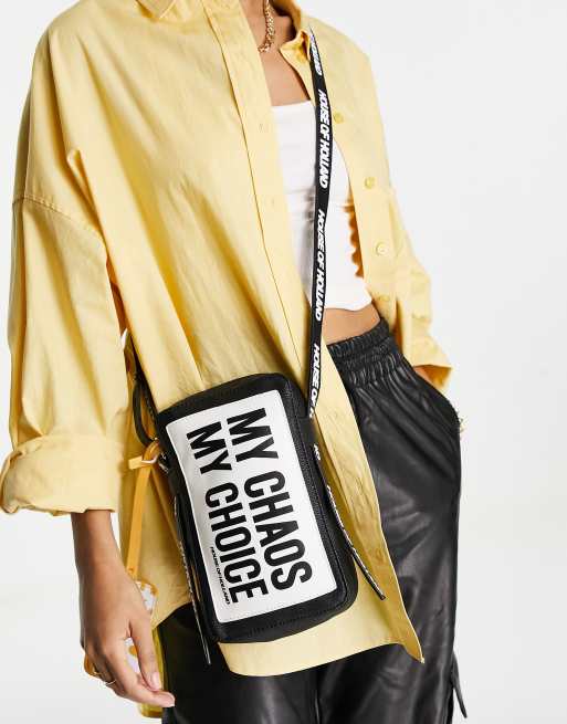 House of Holland - Crossbody tas met pashouder en tekstprint in zwart