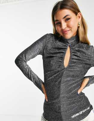 House of Holland - Glittertop met uitsnijdingen in zwart, deel van co-ord set