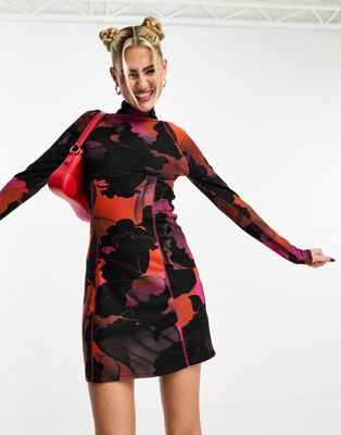 House of Holland  high neck mesh mini dress in orange and black abstract print