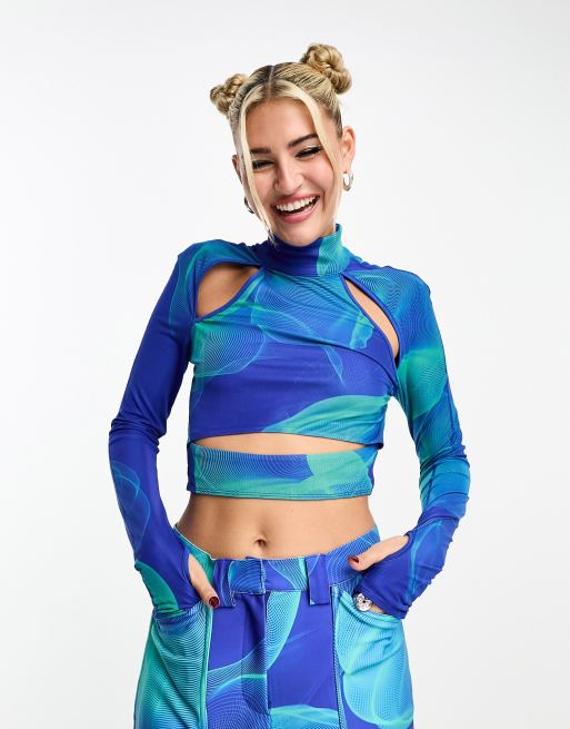 House of Holland – Hochgeschlossenes Crop Top in Blau aus Netzstoff mit abstraktem Print und Cut-out