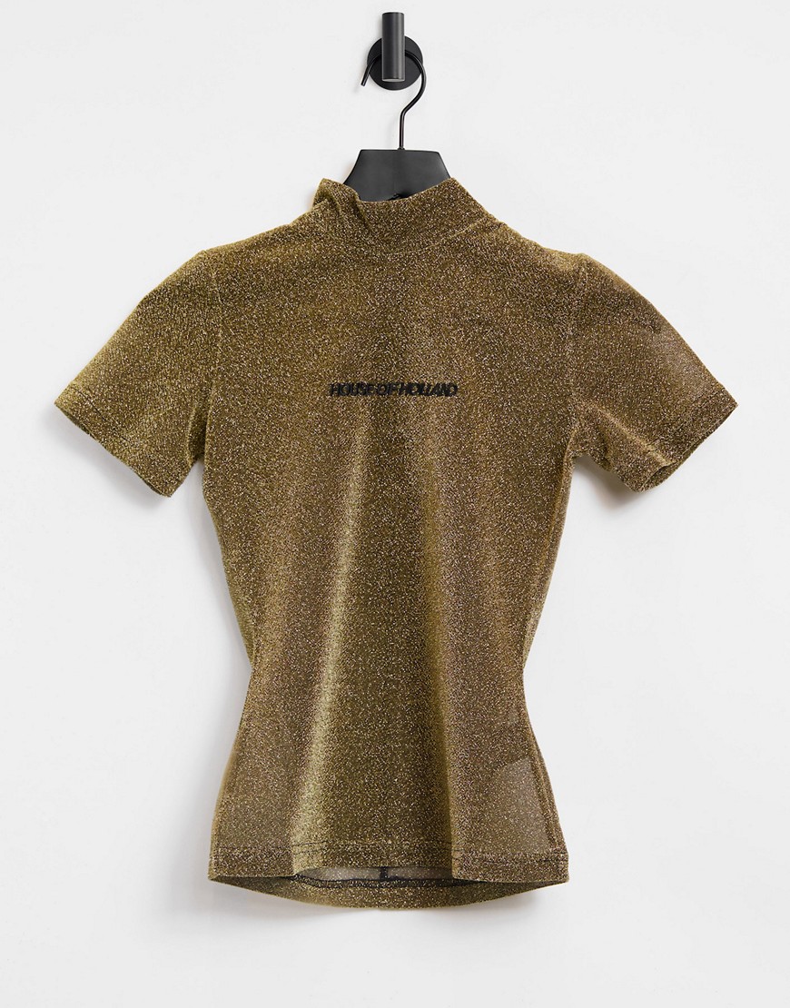 House of Holland – Hochgeschlossenes, glitzerndes T-Shirt in Gold-Goldfarben