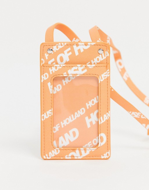 House of Holland logo lanyard card holder in orange