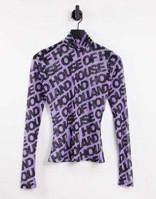 House Of Holland logo print mesh top in lilac