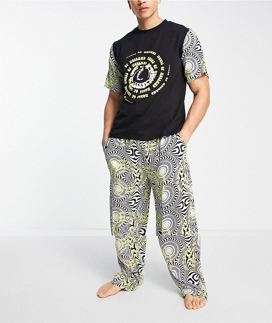 House Of Holland Long Pajama Set In Black, White And Yellow Swirl Print