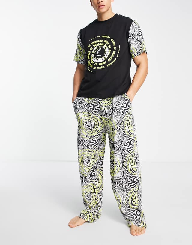 House of Holland long pajama set in black white and yellow swirl print