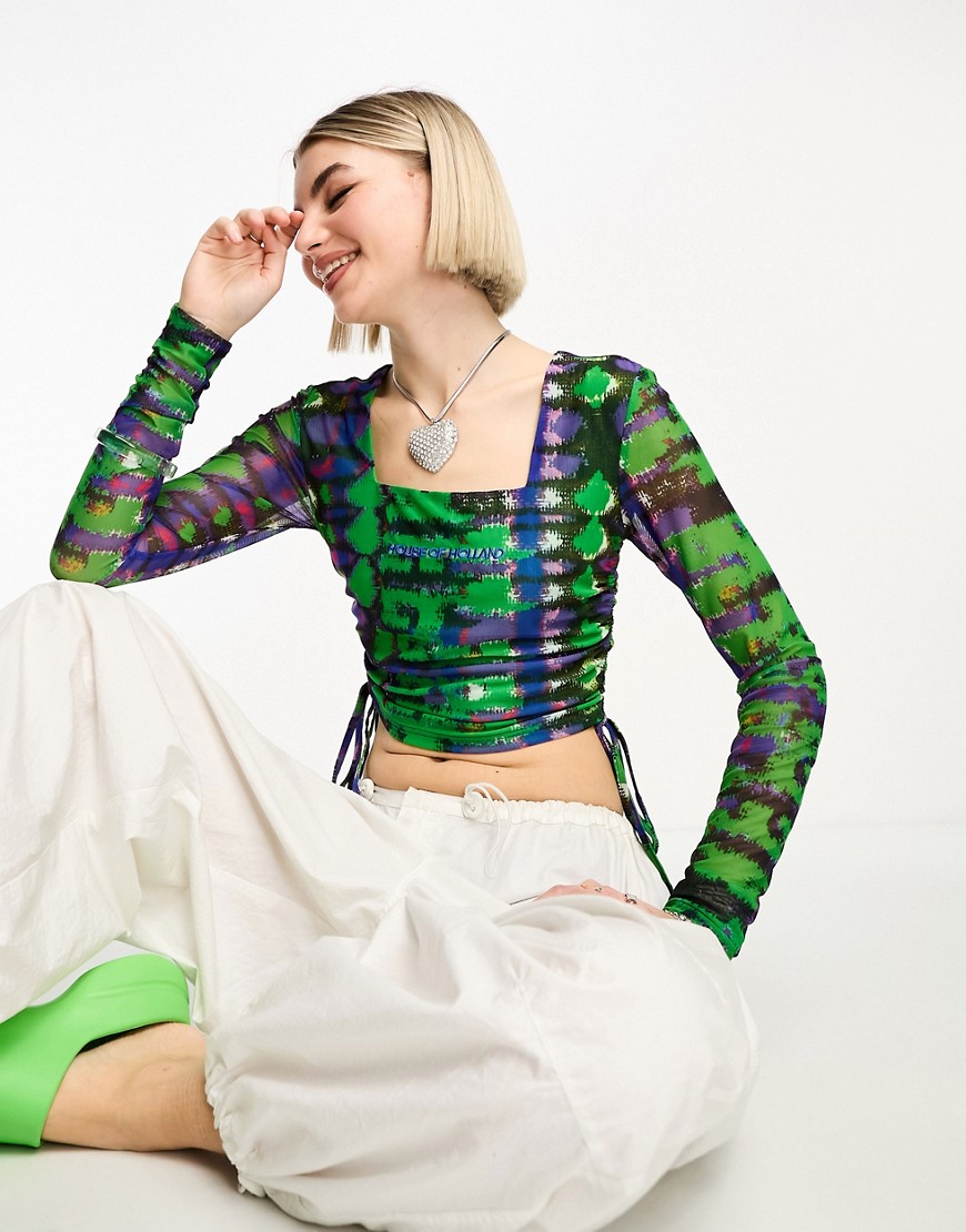 House of Holland mesh high neck cut out ruched side crop top in green and pruple abstract snake print