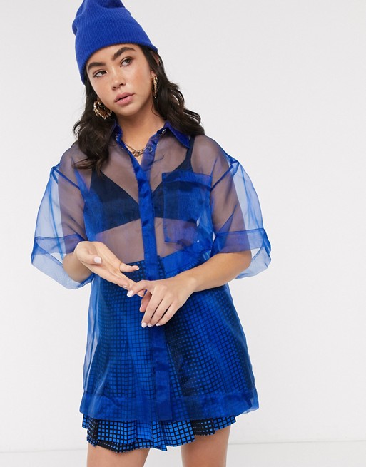 House Of Holland organza sheer boxy shirt in blue