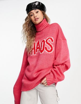 House Of Holland oversized Chaos high neck jumper in pink