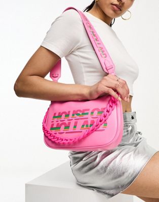 House of Holland pink shoulder bag with pink chain detail and printed logo - ASOS Price Checker