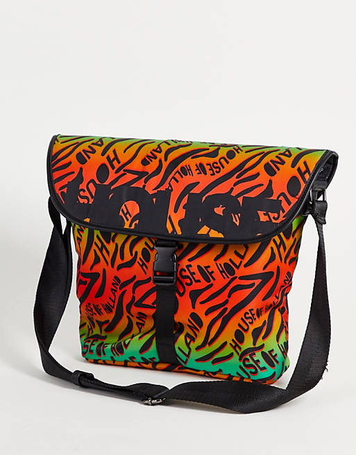 House of Holland printed logo messenger bag in turquoise