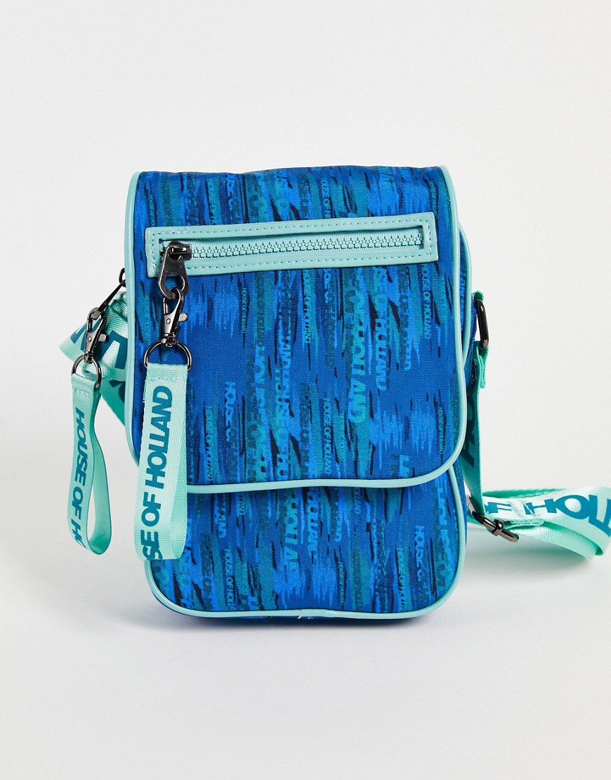 House of Holland printed logo strap flight bag in blue
