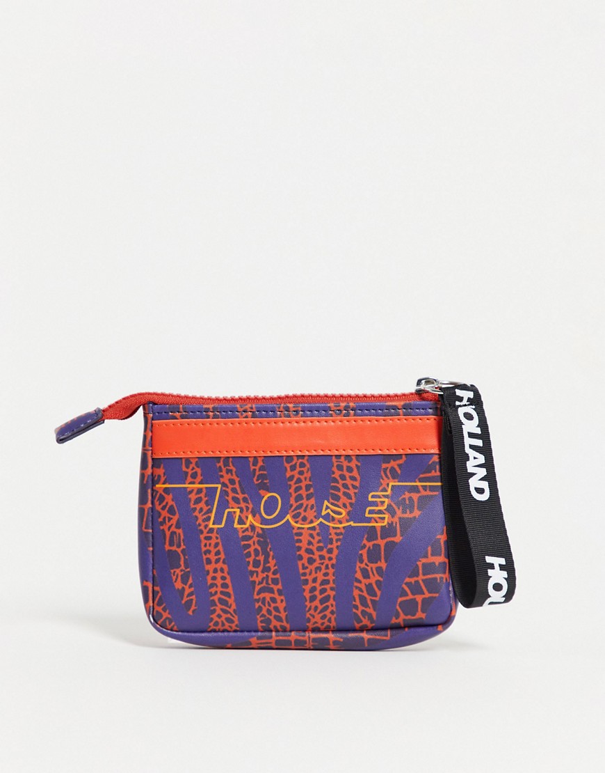 House of Holland printed purse with card holder in navy and orange-Multi