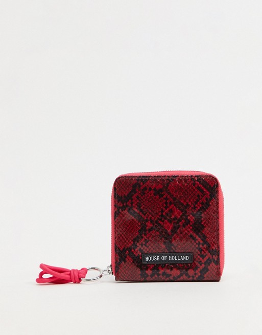 House of Holland purse in snake print red with contrast pink zip puller