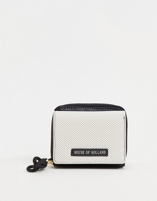House of Holland purse with perforated white front with leather branded tab in black