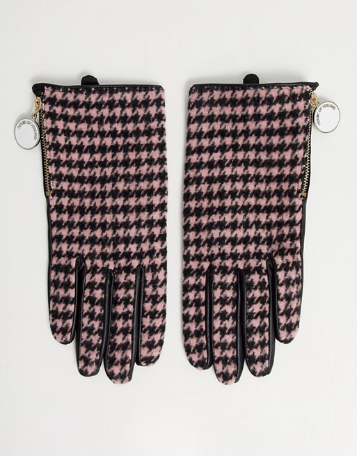 House of Holland real leather gloves with pink houndstooth