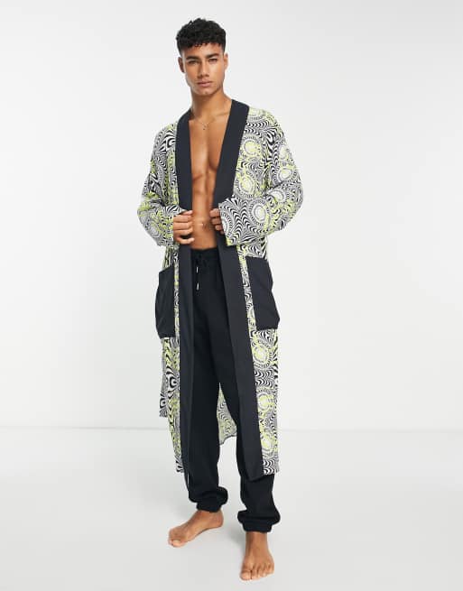 House of Holland robe in black white and yellow swirl print