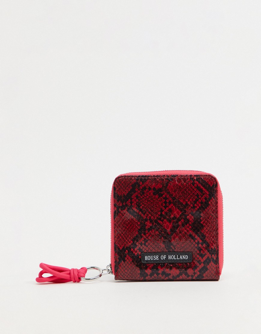 House of Holland – Röd ormskinnsmönstrad plånbok med kontrastrosa dragkedja