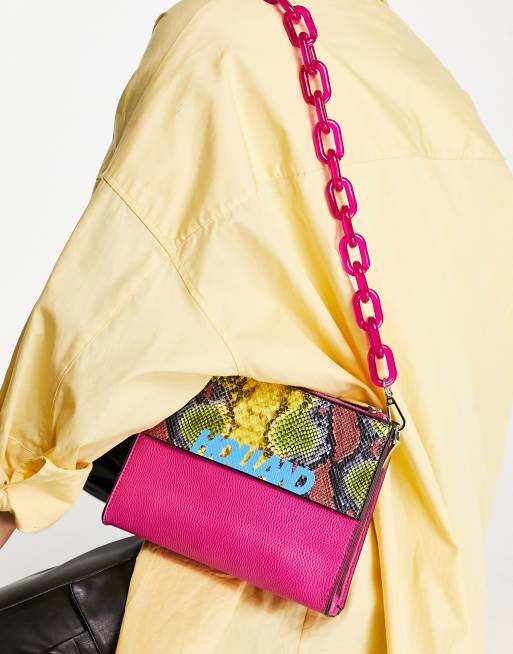 House of Holland – Schultertasche in Rosa mit Kettenträger und Kroko-Print