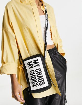 House of Holland slogan cross body bag with card holder in black