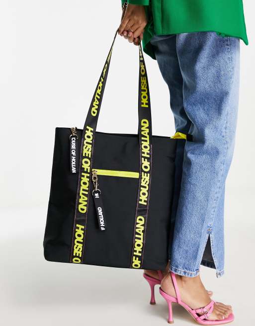 House of Holland - Sort tote med logostropper og kontrastfarvede lynlåse