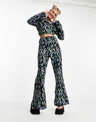 House of Holland suit flared trousers green and pink flame print