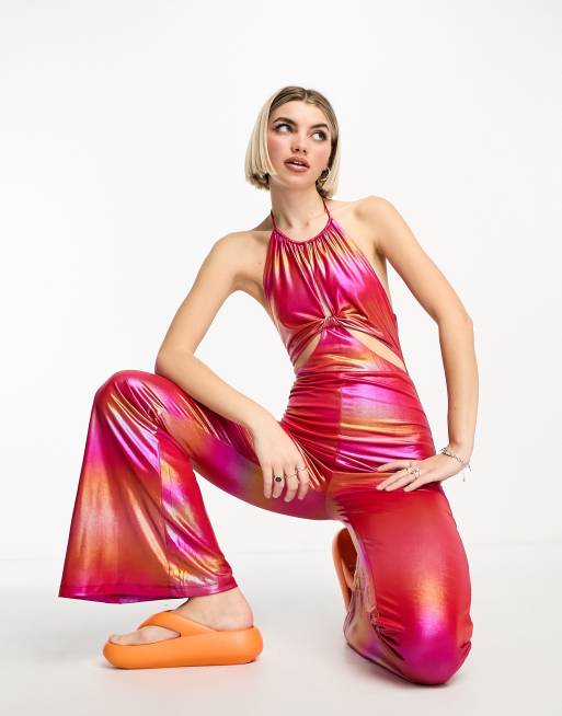 House of Holland - Tuta jumpsuit rosa allacciata al collo con cut-out 
