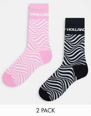 House Of Holland Two Pack Socks In Black And Pink Swirl Print