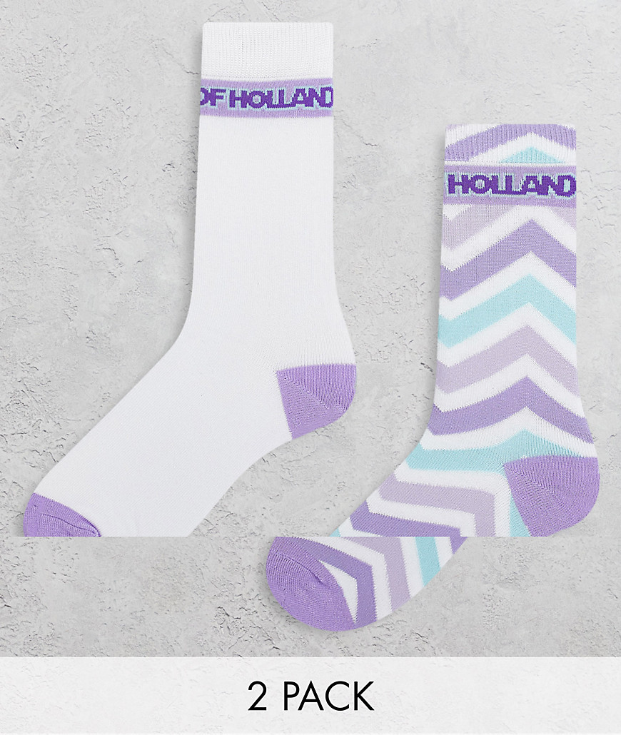 House of Holland two pack socks in lilac and white zigzag and color block-Purple