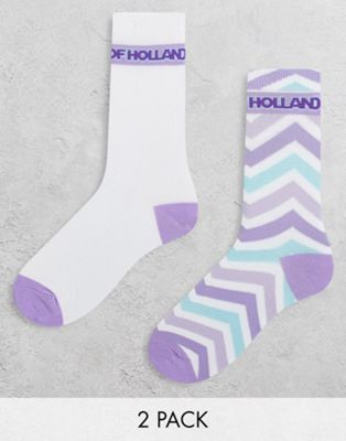 House of Holland two pack socks in lilac and white zigzag and colour block