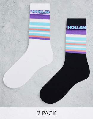 House Of Holland Two Pack Striped Socks In Black And White