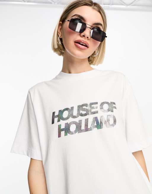 House of Holland – Vit t-shirt med holografiskt tryck