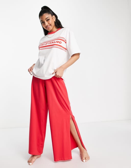 adidas Originals resort wide leg pants in off white with red