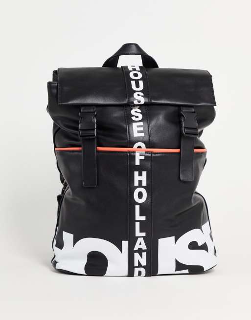 House of Holland - Zaino nero con patta con logo e clip