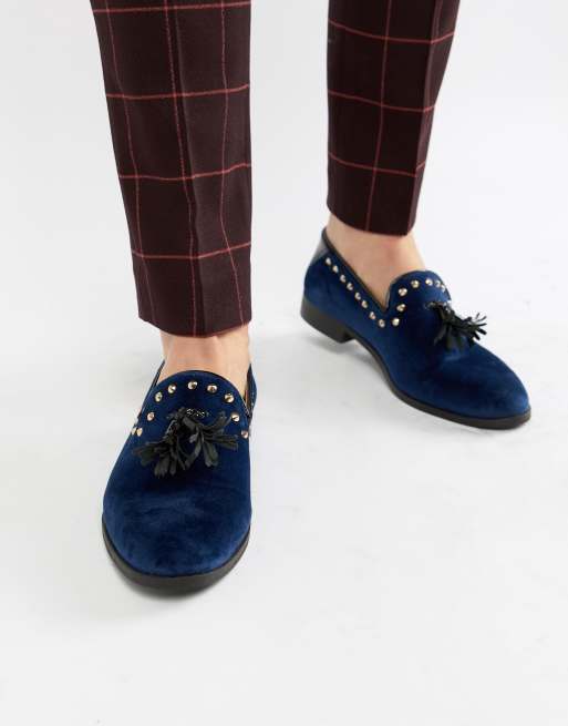 House Of Hounds Raptor stud tassel loafers in navy velvet