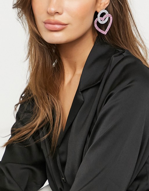 House of Pascal Interlinked diamante heart earrings in pink and silver