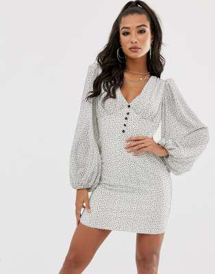 House of Stars House Of Stars deep plunge mini dress with milk maid sleeves in flocked polka dot-White