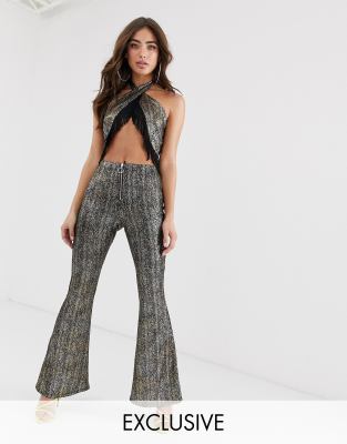 metallic flare pants