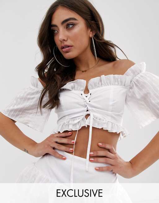 House of Stars off shoulder top in broderie with lace up detail