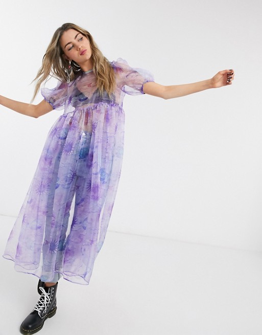 House Of Stars oversized smock dress with bow tie back in sheer celestial organza