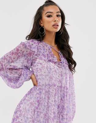 House of Stars Robe babydoll longue à fleurs avec lien et jupe ample