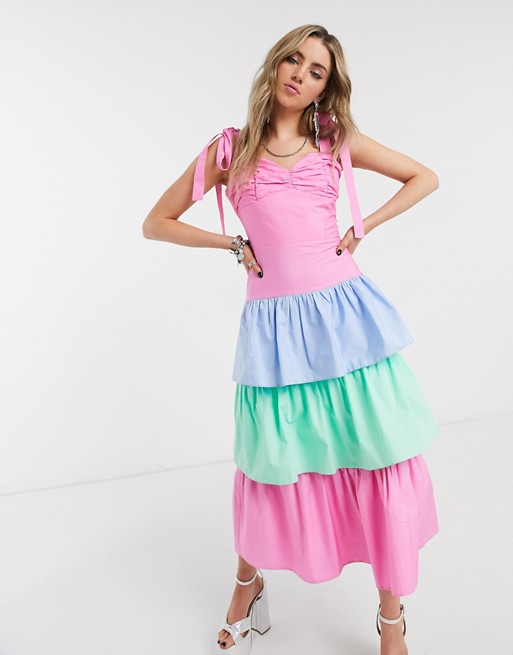 House Of Stars tie shoulder maxi dress with rainbow tiered skirt