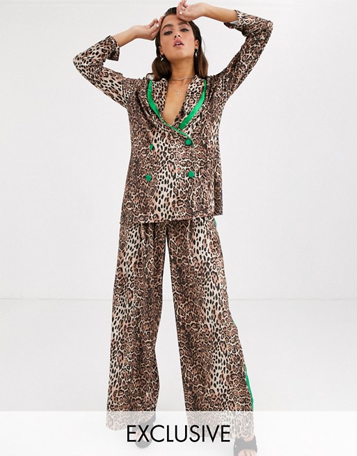 House Of Stars wide leg trousers in velvet leopard with side stripe co-ord
