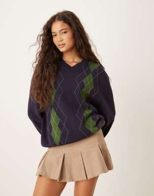 House Of Sunny Argyle Jacquard V Neck Knit Sweater In Blue