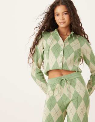 House Of Sunny Argyle Lounge Cardigan In Green