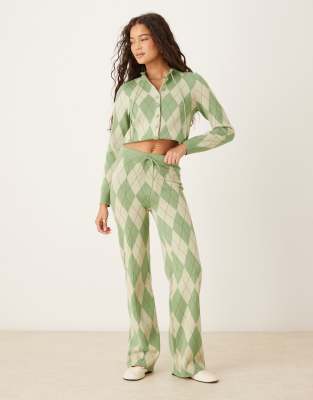 House Of Sunny Womens Matcha Argyle Knitted Cotton Trousers In Green