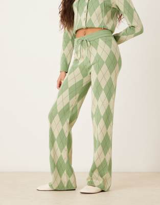 House Of Sunny Womens Matcha Argyle Knitted Cotton Trousers In Green