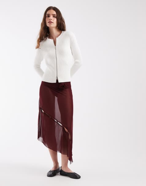 House of Sunny assymetric mesh midi skirt in burgundy - view 1